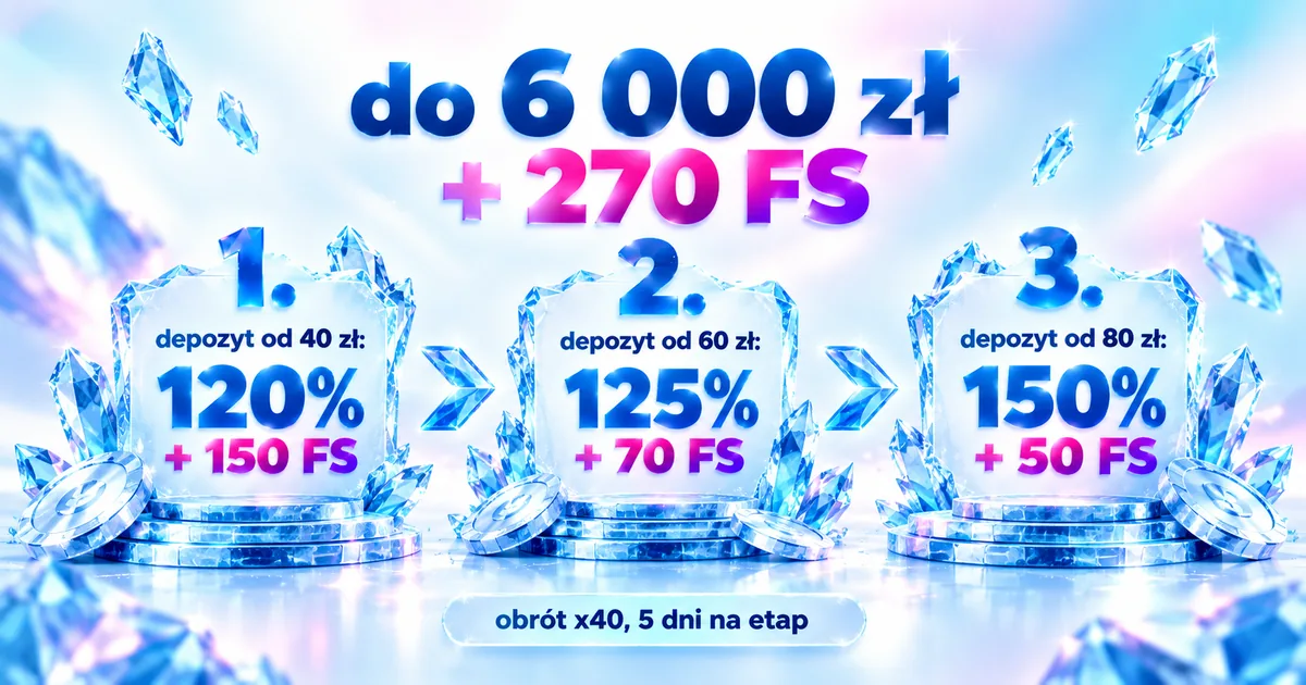 Pakiet powitalny ICE Casino: 1., 2. i 3. depozyt z procentem bonusu i liczbą darmowych spinów